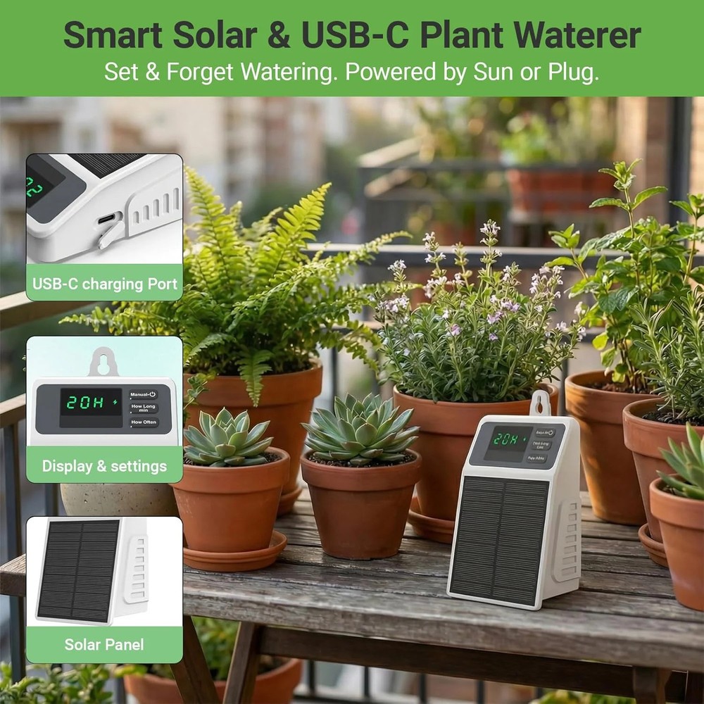 Automatic Solar drip Irrigation System (Solar/USB-C Dual Power), DIY Solar Water