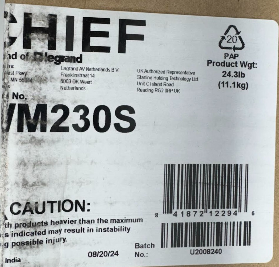 Chief WM230S Short Throw Projector Dual Stud Wall Arm