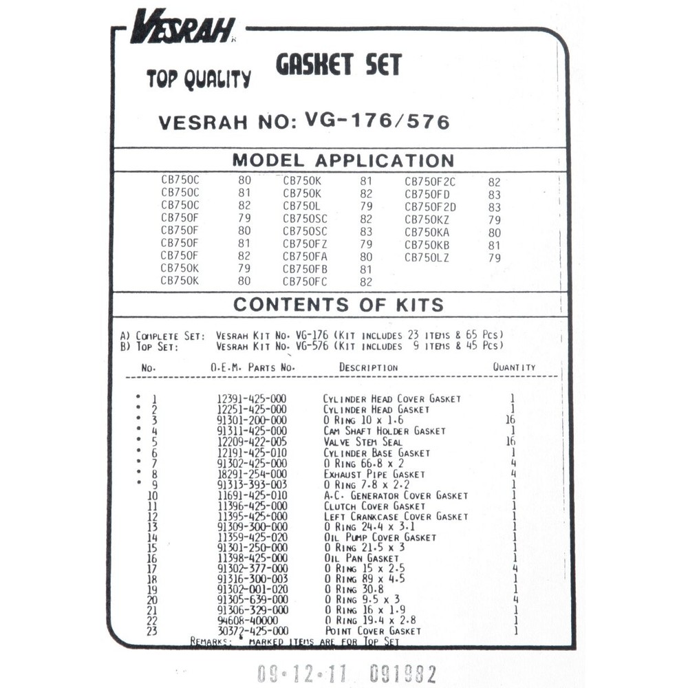 Vesrah Complete Gasket Set - VG176