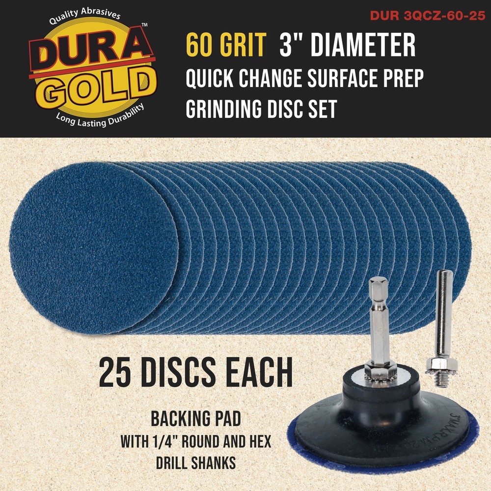 Dura-Gold 3" 60 Grit Quick Change Surface Prep Grinding Disc Set, 25 Discs, Pad