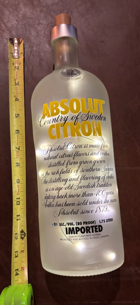Frosted Absolut Citron Vodka Empty Bottle with Lights. Display