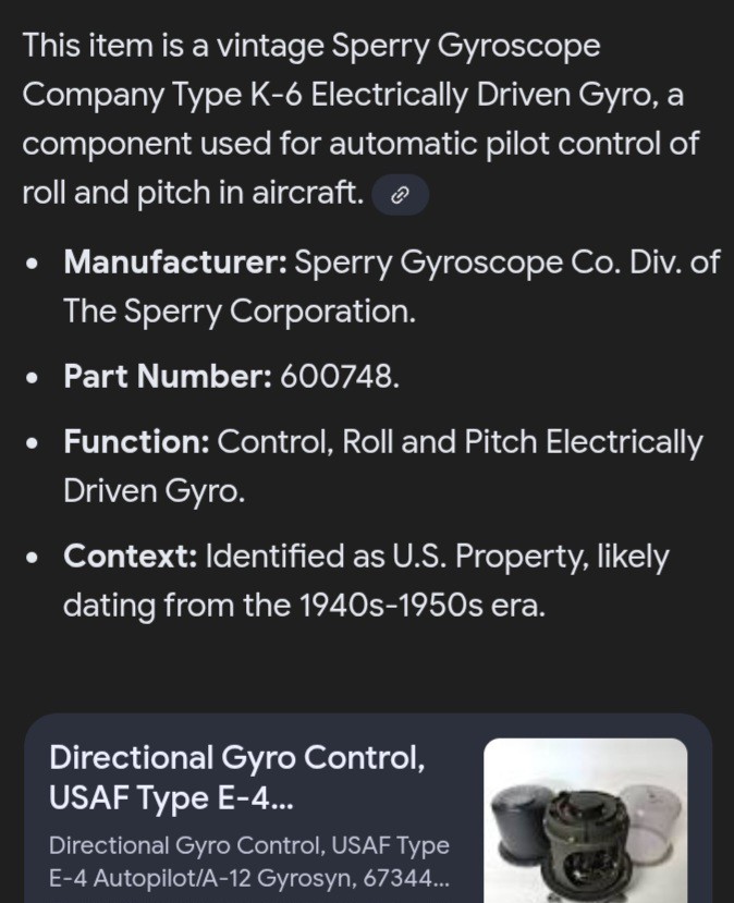 AUTO PILOT COMPONENT CONTROL Roll and Pitch Electrically Driven Gyro 600748 K-6