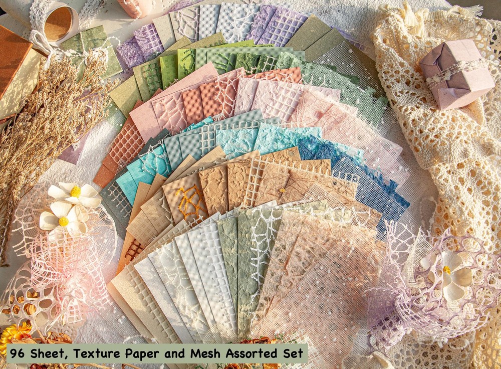 96 Sheets Textured Scrapbook Paper and Mesh Fabric Assorted Set - 6 Pack Mixe...
