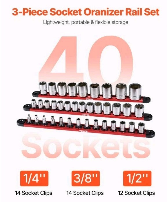 VEVOR Socket Organizer Rail Set, 3PCS Metric & SAE Aluminum Socket...