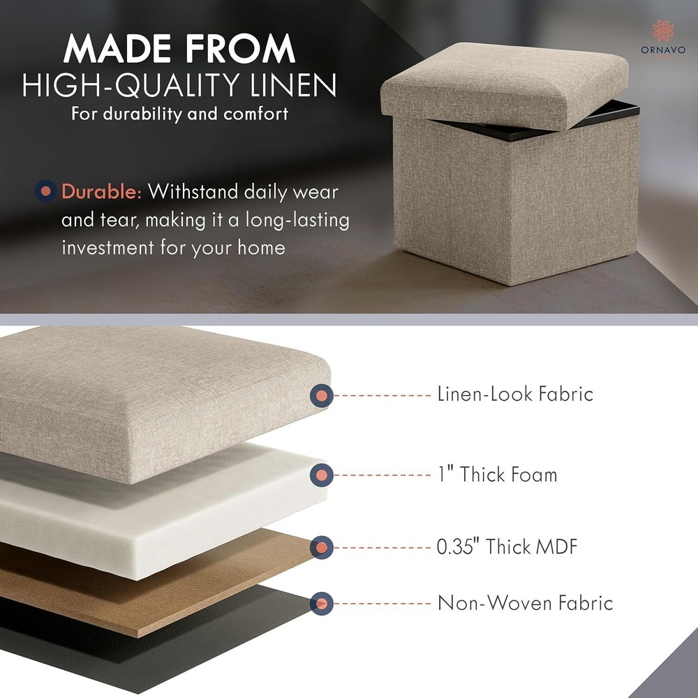 Small Storage Ottoman Set of 2 Foldable Cube Linen Footrest Stool Beige