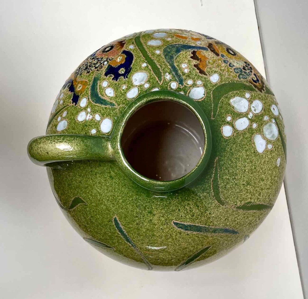 Handmade Pottery Jug Ewer w Handle Applied Multicolor Fish Bubbles Green Signed