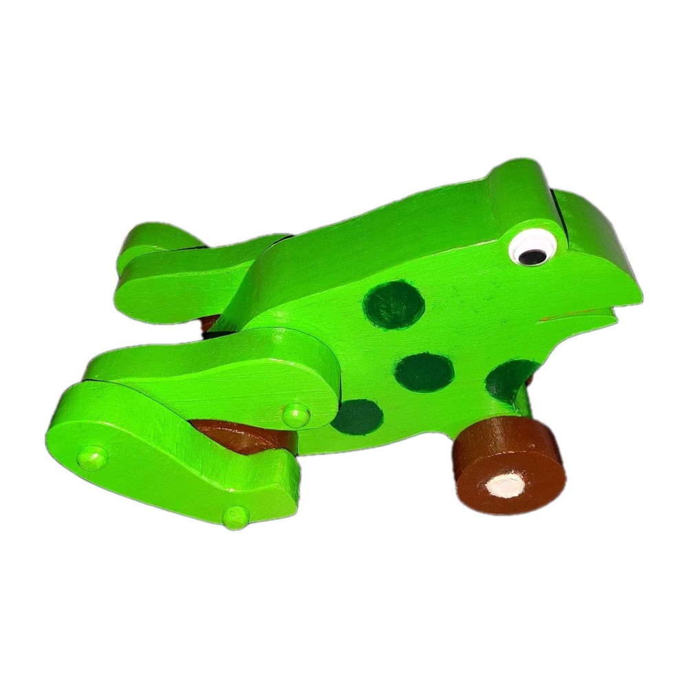 Vintage Handmade Solid Wood Grn Spot Frog Pull Toy Moveable Legs Hand painted