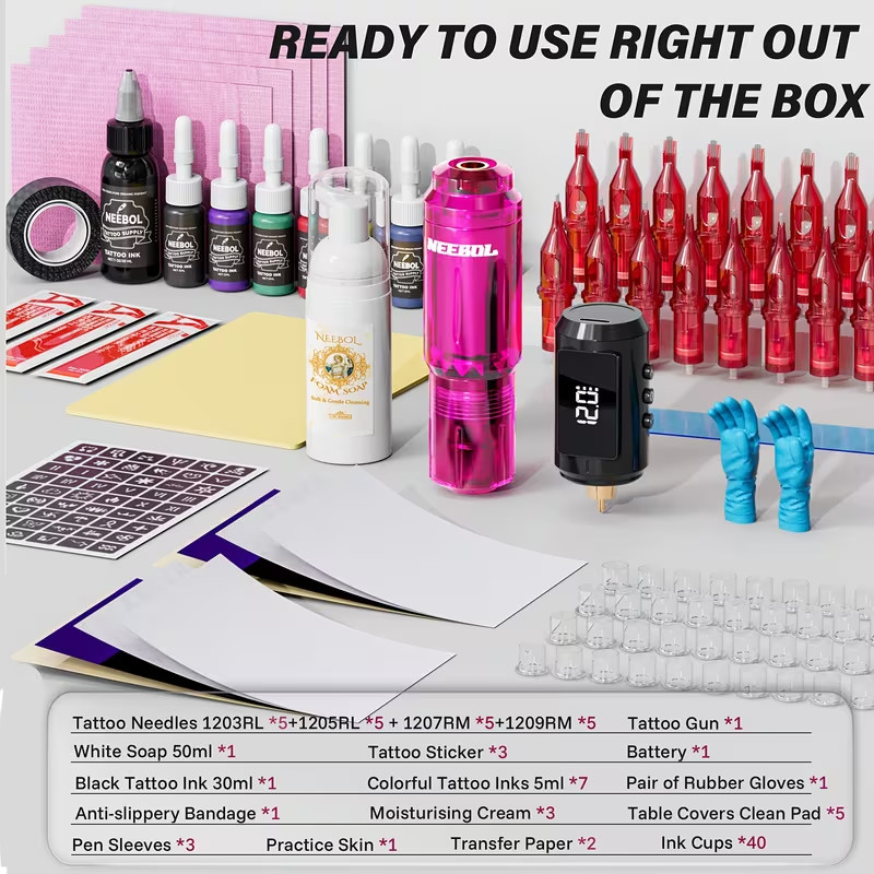 Wireless Tattoo Kit Complete for Beginners Pen Machine with Power Supply Needles