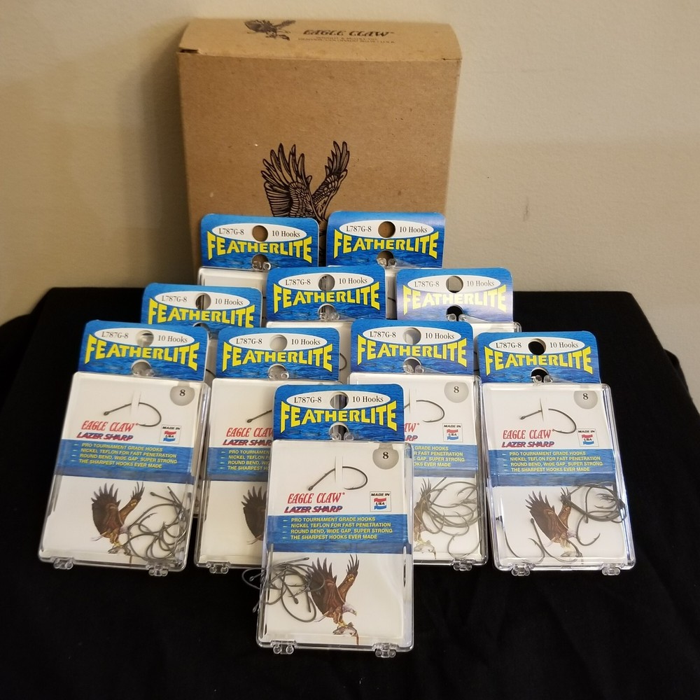 VINTAGE PACKAGING EAGLE CLAW L787G SIZE 8 FEATHERLITE LAZER SHARP HOOKS 10PK BOX