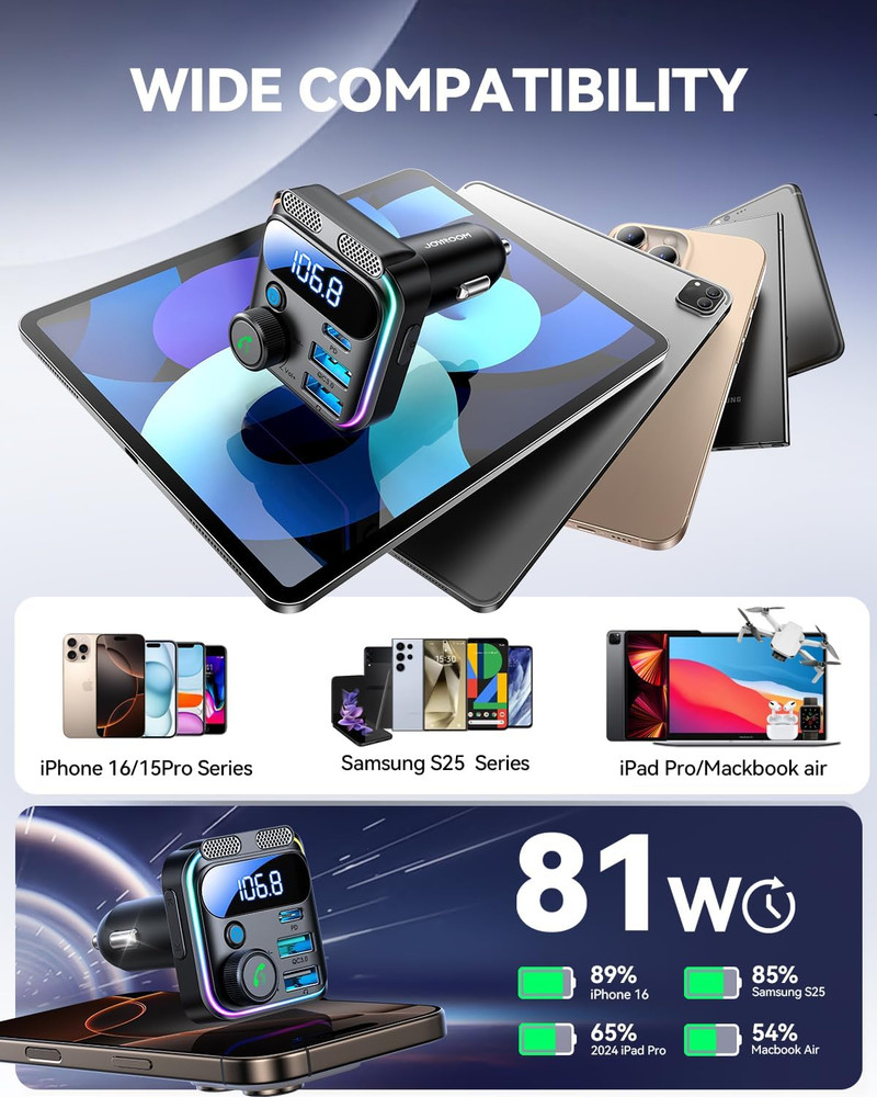 JOYROOM Bluetooth 5.4 Car Adapter FM Transmitter 81W Bluetooth Cigarette Lighter