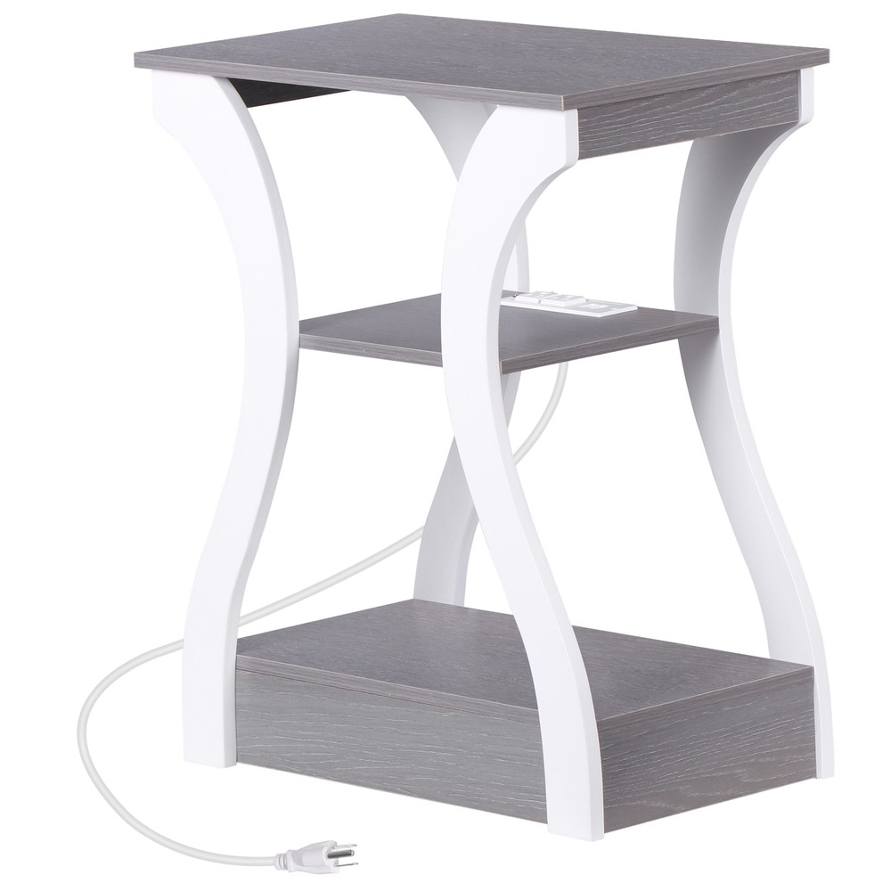 Grey End Tables With Charging Station Three Tier Storage Durable Engineered Wood