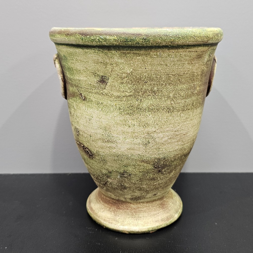 Rustic Green Weathered Footed Planter Pot Molded Handles 7" Tall Indoor