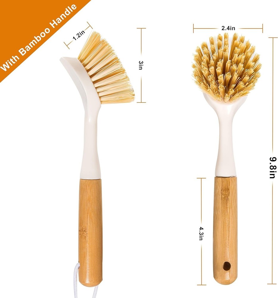 2 Pack Kitchen Dish Brushes with Bamboo Handle, Dish Scrubber Built-in Scraper,