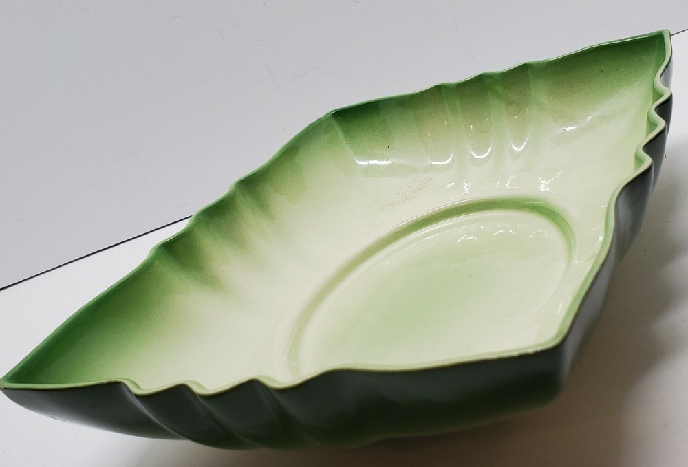 Vtg Retro Cucumber Green Scalloped Ceramic Flower Bulb Planter Dish Rectangular