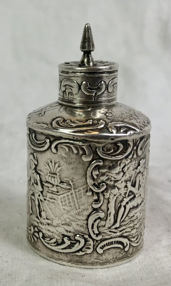 ANTIQUE SOLID SILVER MINIATURE TEA CADDY, REPOUSSE, DUTCH / ENGLISH, VICTORIAN
