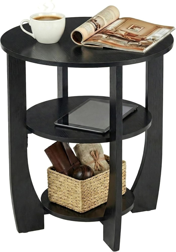 19.7" Black Round 3-Tier Side Table End Table Nightstand Storage Sofa #R08