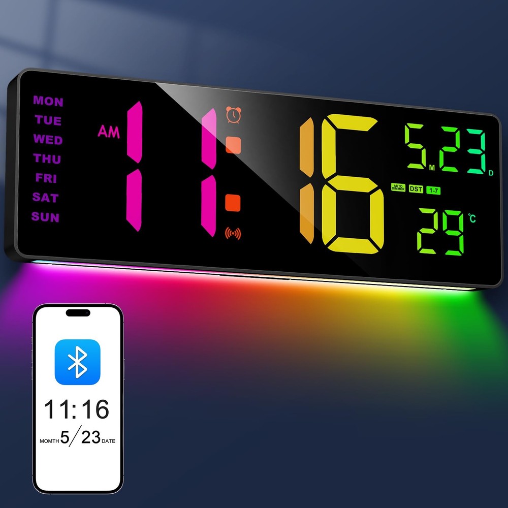 16.3" Bluetooth Large Digital Wall Clock with Remote Control, Auto Time Sync,...