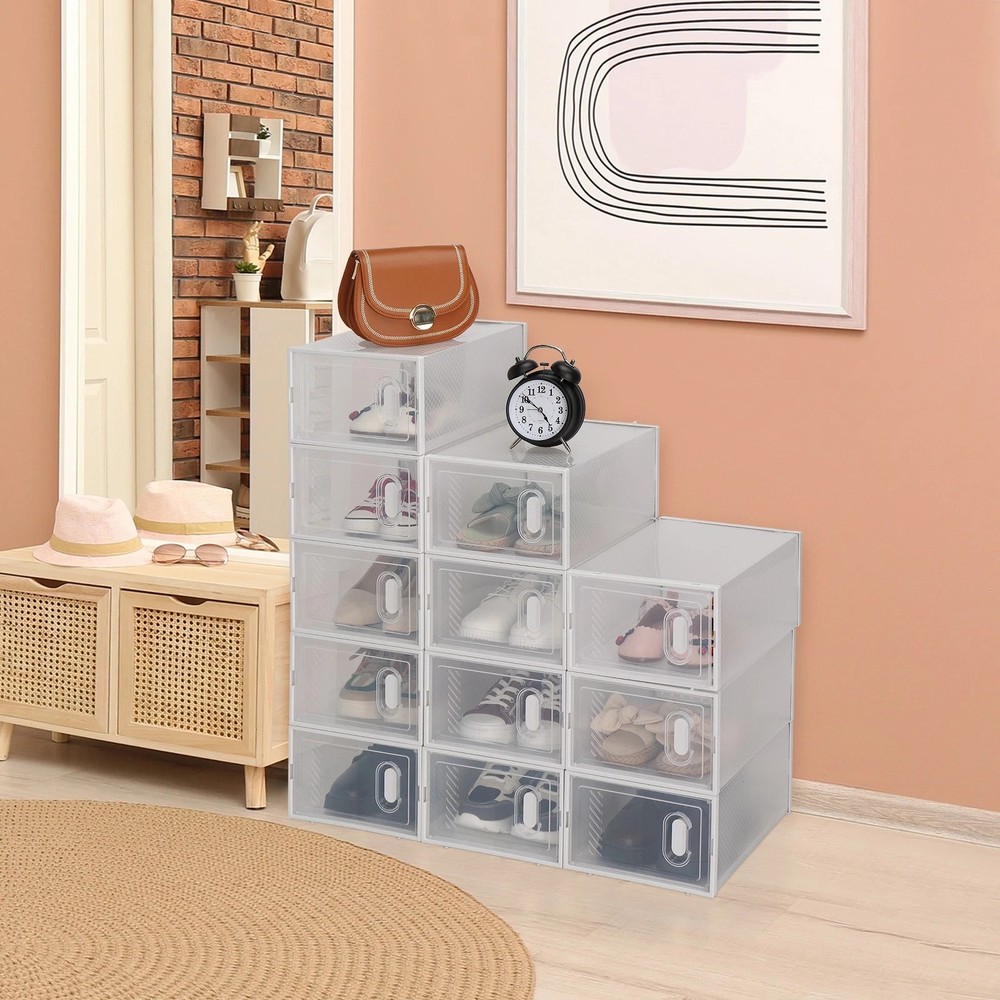 Shoes Storage Organizer Boxes, Clear Plastic 12 Pack Stackable - White
