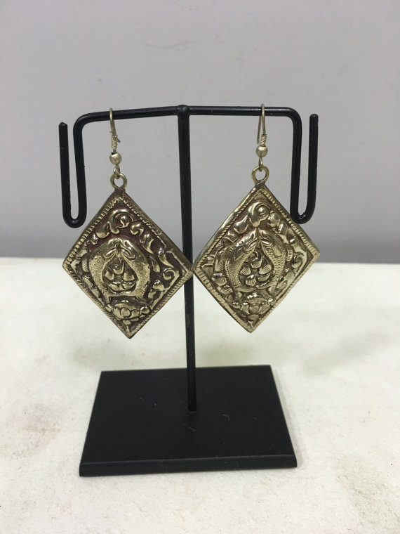 Tibetan Etched Silver Fish Dangle Earrings