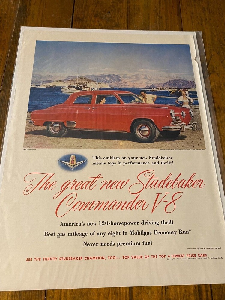 Vintage 1951 Studebaker Commander V-8 Car Auto Lake Scene ad