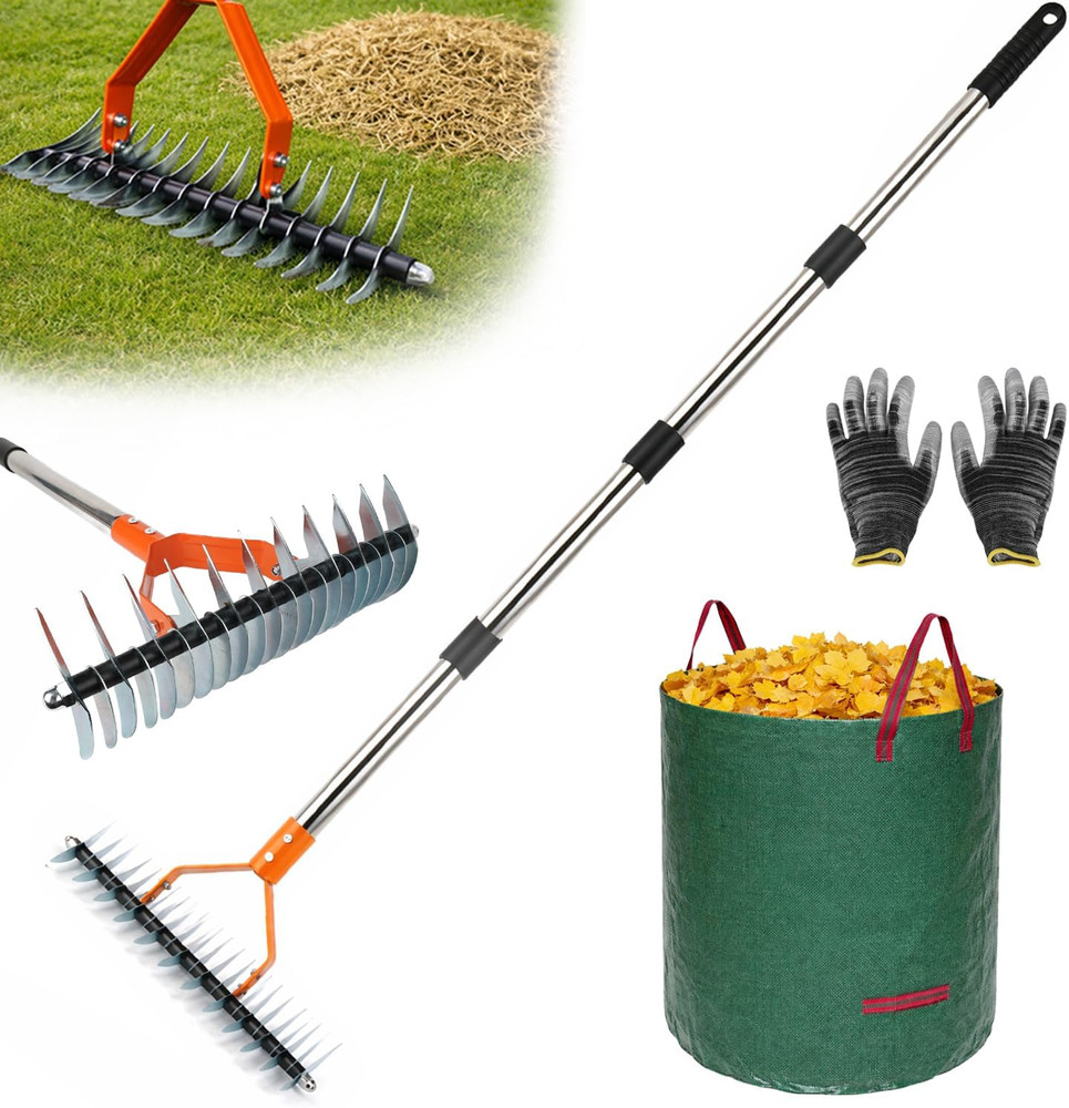 Thatch Rake for Lawn, 15'' Wide Thatcher Rake with 40-70'' Adjustable Handle, 3-