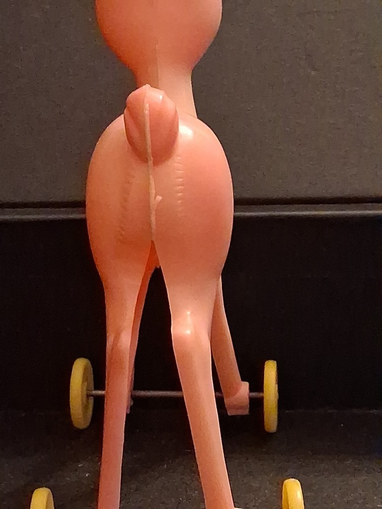 Vintage Plastic Pink Deer on Wheels toy pull Rosbro - Mint