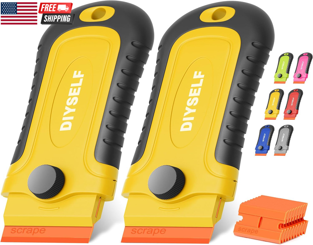 2-Pack Plastic Razor Blade Scraper with 10 Replacement Blades Adhesive, Sticker