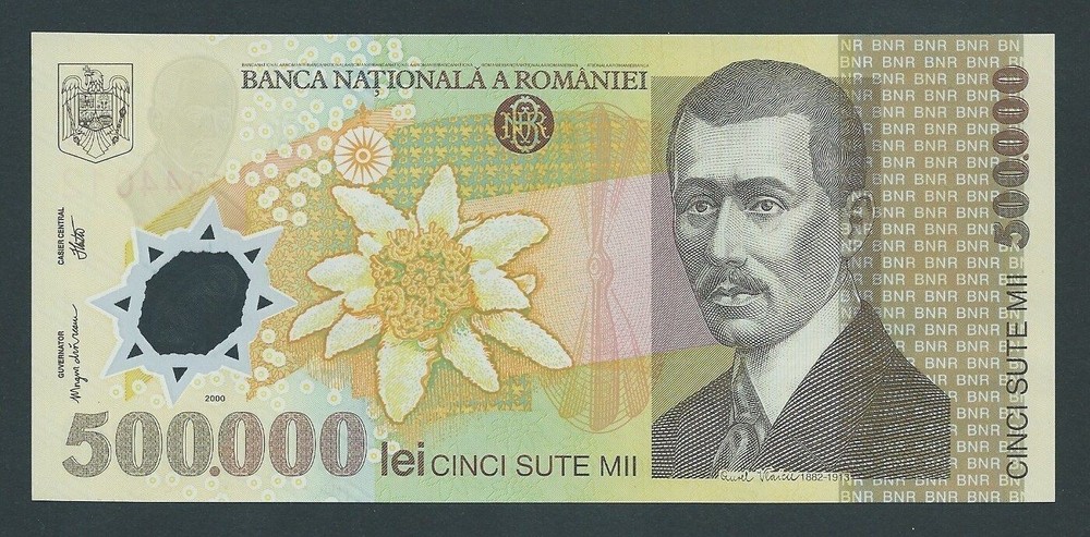 ROMANIA 500000 LEI P-115 2003 Polymer ½ Million EAGLE AIRPLANE Romanian BANKNOTE