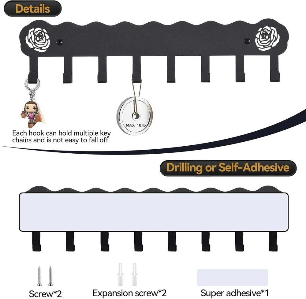 Modern Black Key Organizer with 8 Hooks - Rust Resistant, Multi-Purpose Design