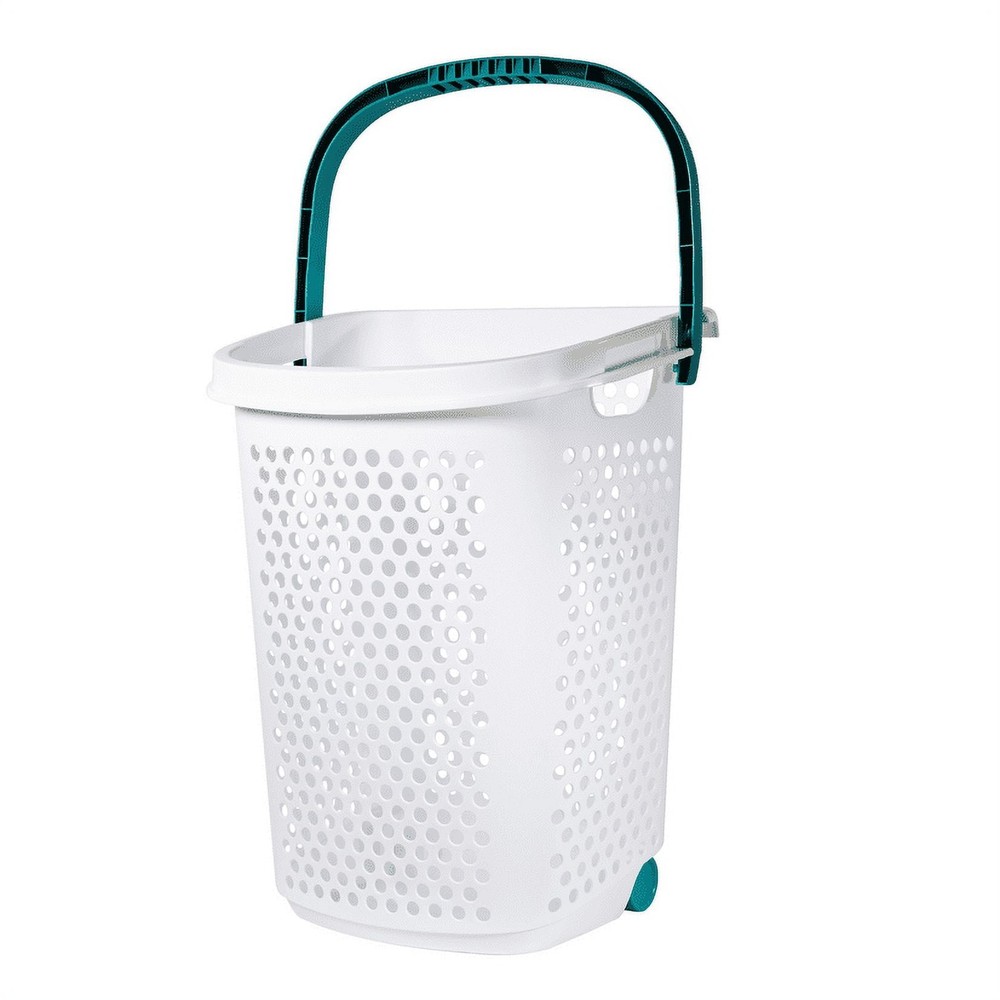 Home Logic 2 Bushel White Plastic Rolling Laundry Hamper with Pop-Up Handle