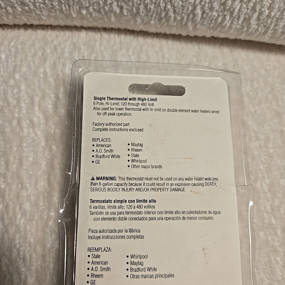 Utilitech Water Heater Single Element Thermostat 0215198 New In Pkg w/Damage