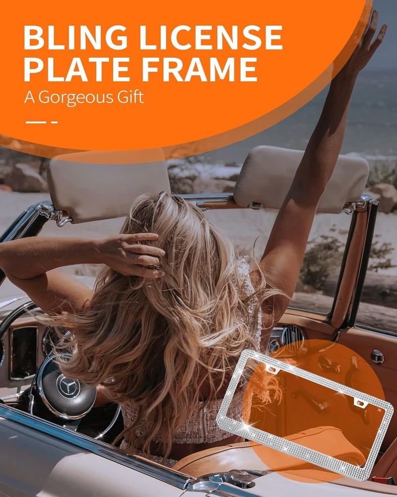 HOTOR License Plate Frame - Lastingly Bling and Sparkly White