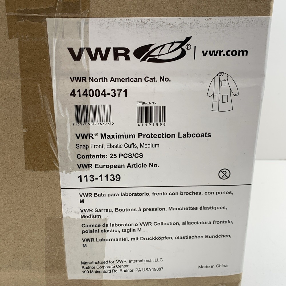 (25-Pack) VWR 414004-371 Snap Front Elastic Cuff Maximum Protection Labcoats M