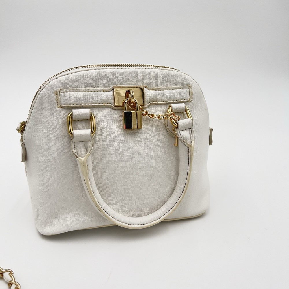 White Mini Top Handle Bag Gold Lock Chain Strap Crossbody.