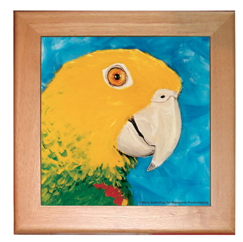 Amazon Parrot Kitchen Ceramic Trivet Framed in Pine 8" x 8"