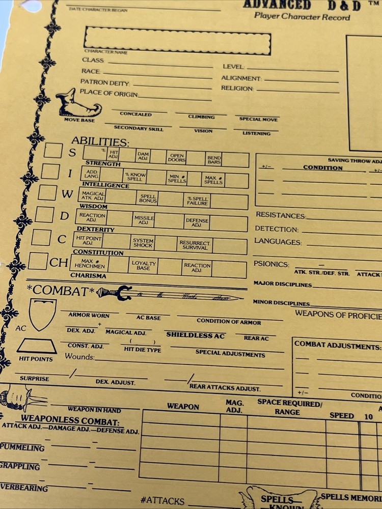 Original AD&D Player Character Record Sheet—Multi Classed Bard Light Use