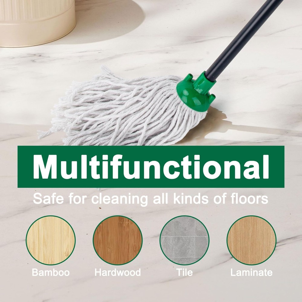 Cotton String Wet Mop 2 Heads Handle Floor Cleaning Replacement Refill Green