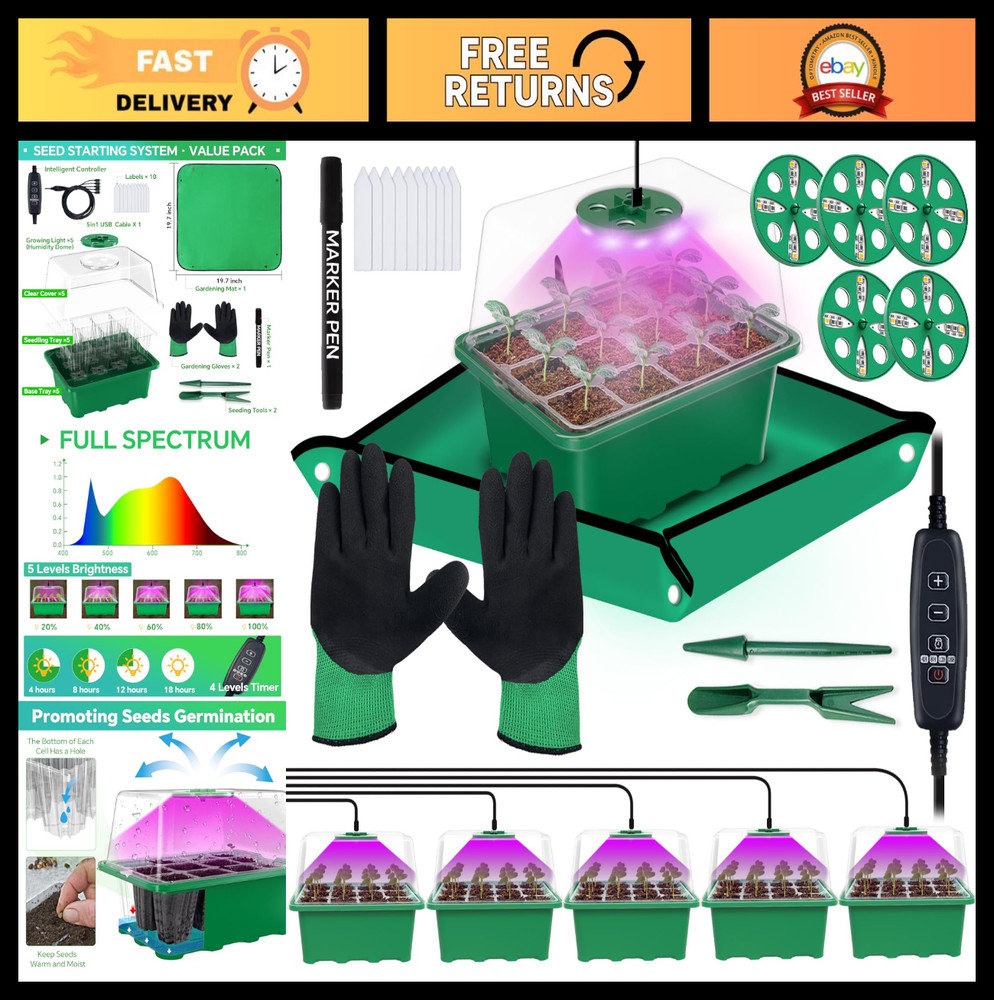 5-Pack Seed Starter Tray with Grow Light, 60 Cells, Adjustable Brightness, Mini