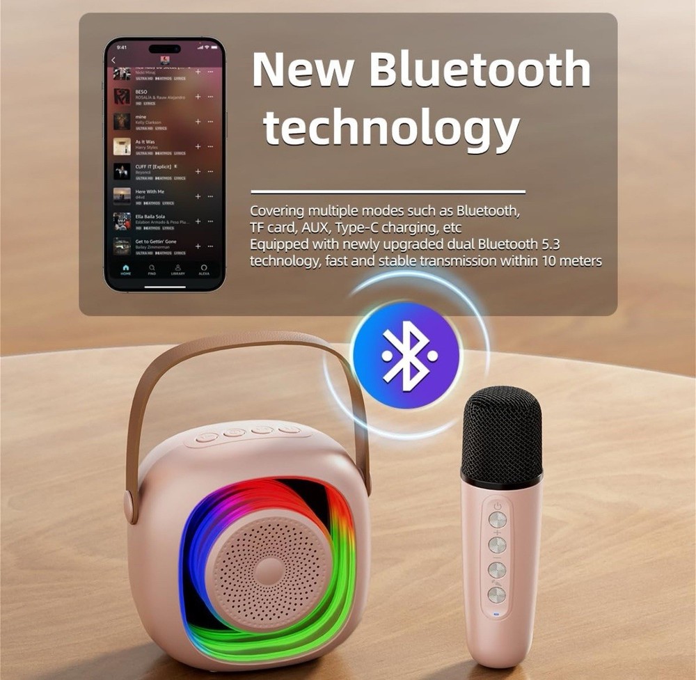 Kids Portable Mini Karaoke Machine Bluetooth Speaker with 2 Wireless Microphone