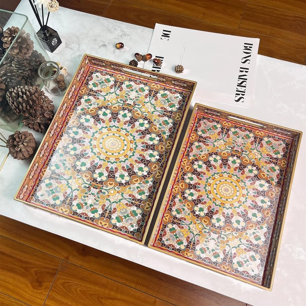 Umisriro 2pc Boho Red Plastic Serving Trays w/Handles - Modern Decor