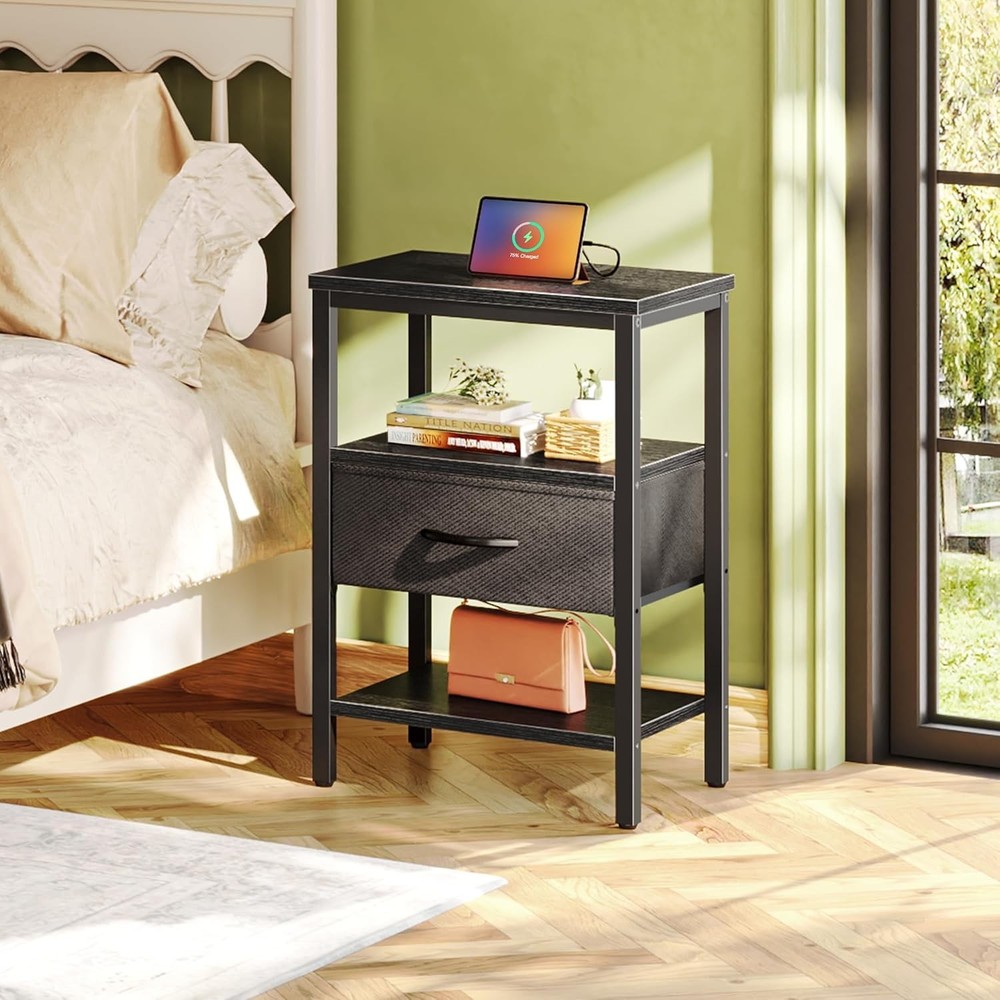 Nightstand with Charging Station, Bed Side Table with Adjustable Fabric Drawe...