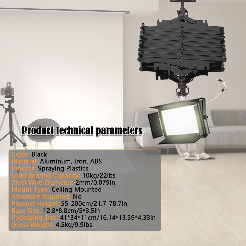 Retractable Drop Pantograph Studio Photography Ceiling Rail Light Holder 200cm