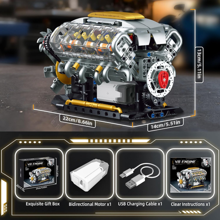 DIY V8 Engine Model Kit That Runs USB Powered Visible Mini Motor STEM 703PCS