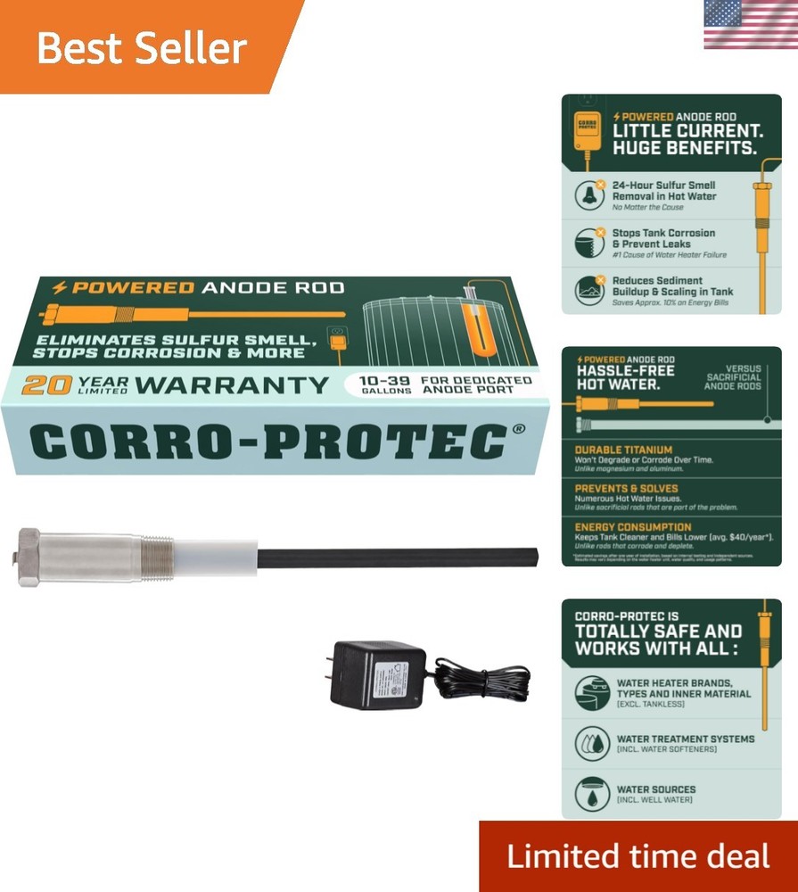 Titanium Electrical Anode Rod: Stops Corrosion & Odors in 10-39 Gallon Tanks