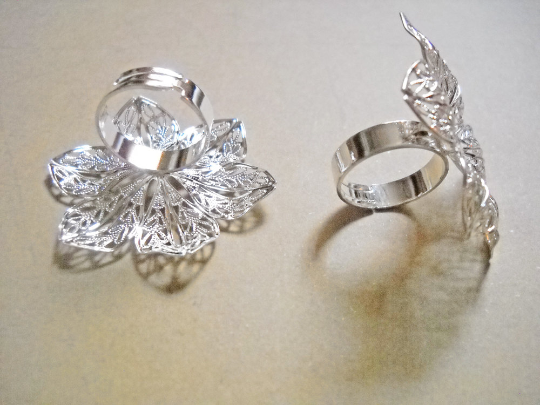 Silver Flower Ring Blank Adjustable Cocktail Setting Brass Glue On Pad Floral