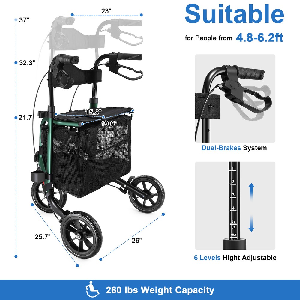 Rollator Walker with Seat Back Adjustable Aluminum Rolling Walker 10.67lbs Green