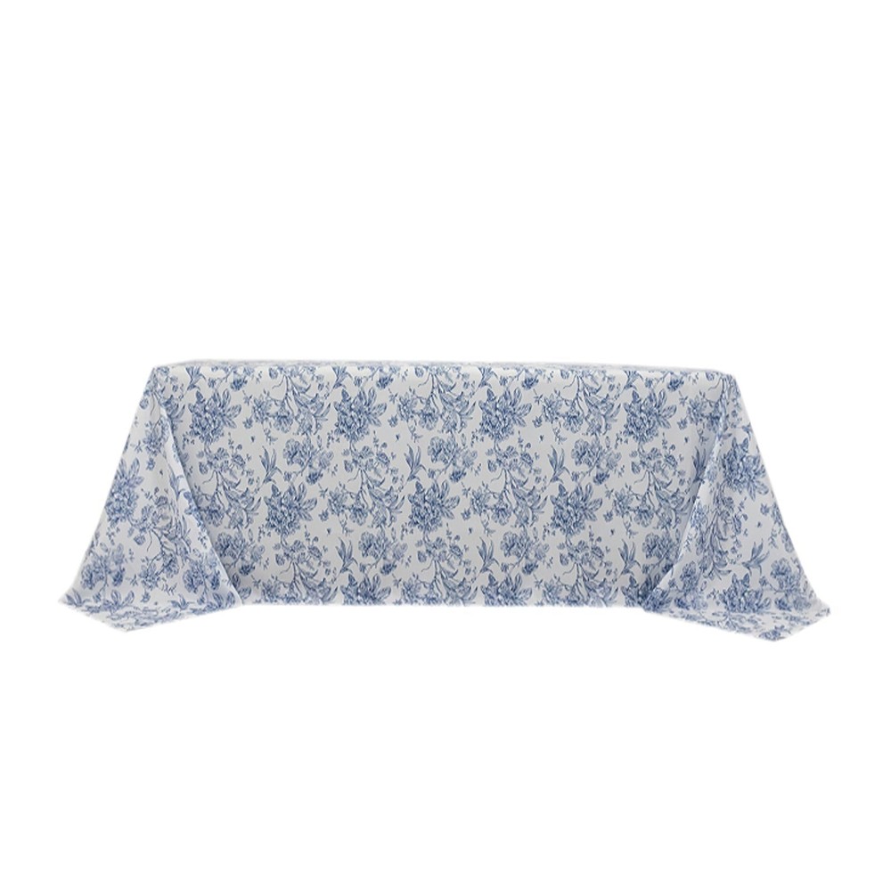90" x 132" Blue French Toile Pattern Polyester Rectangular Tablecloth