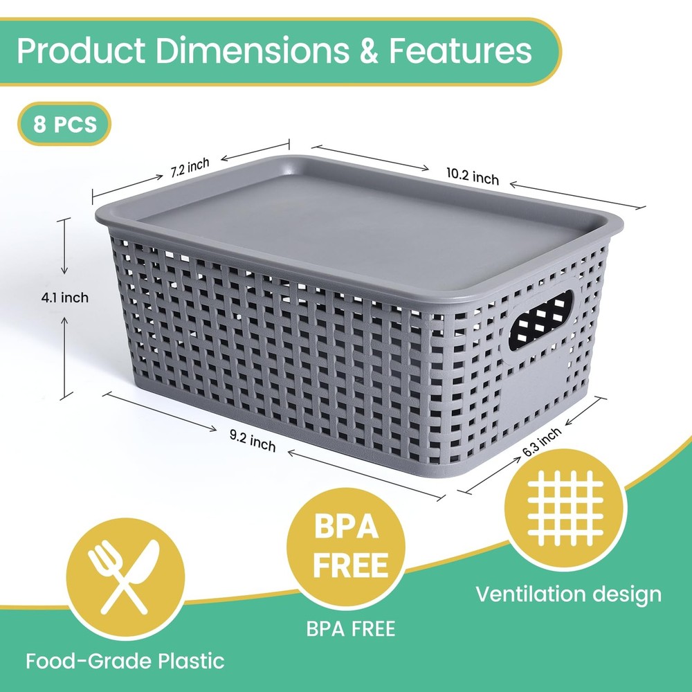 Ohmlove Plastic Storage Baskets with Lid - Stackable Containers Organizer Bins