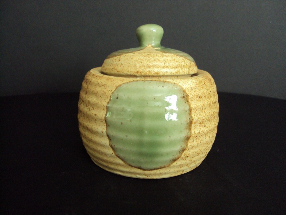 Salt Glazed Green Apple Pottery Lidded Sugar Bowl