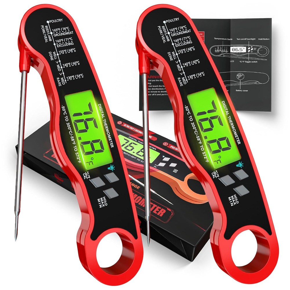 2 Pack Fast Instant Read Meat Thermometer with Backlight - Waterproof Digital Fo